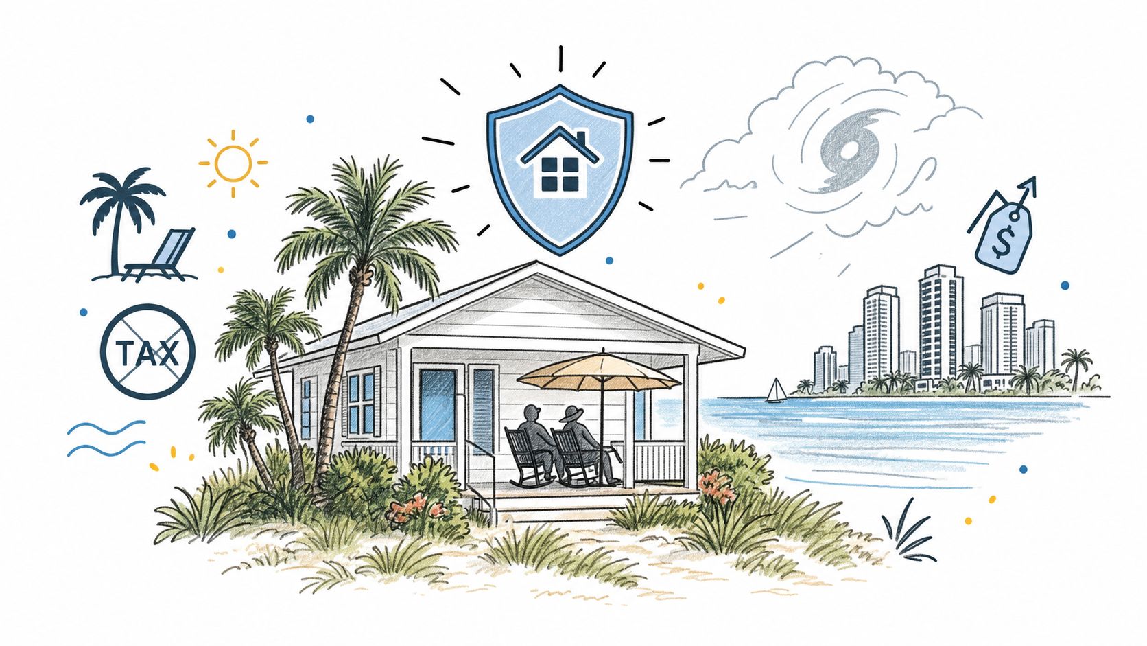 A conceptual illustration of a couple relaxing on a beach house porch under a protective shield.