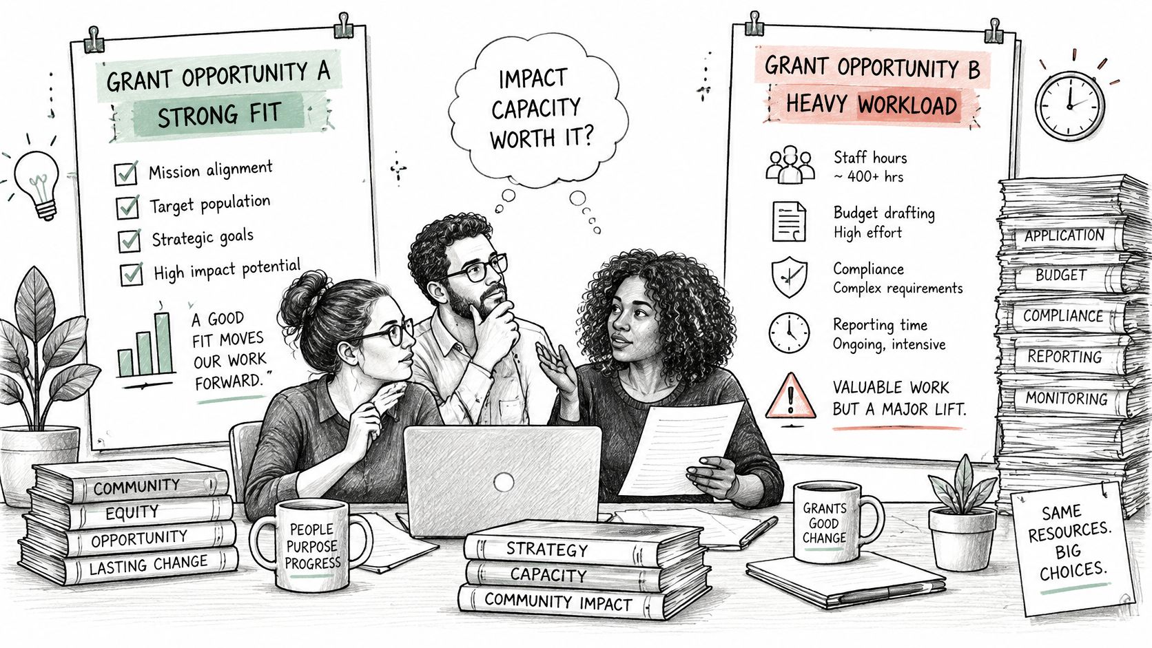A professional team evaluates two grant funding opportunities comparing impact against organizational workload and resource constraints.