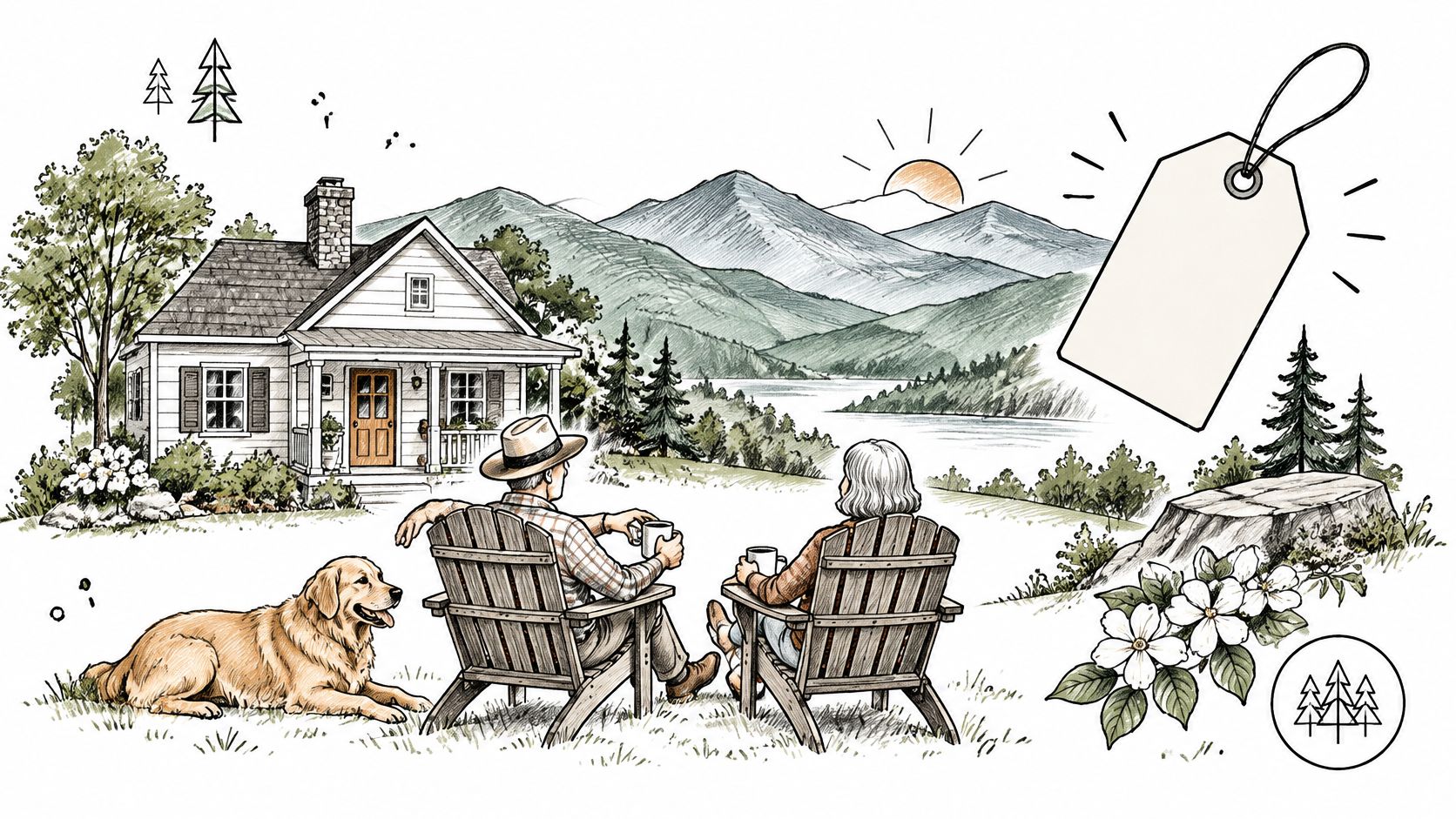 An elderly couple sits in wooden chairs with their dog, enjoying the view of a scenic mountain cabin.