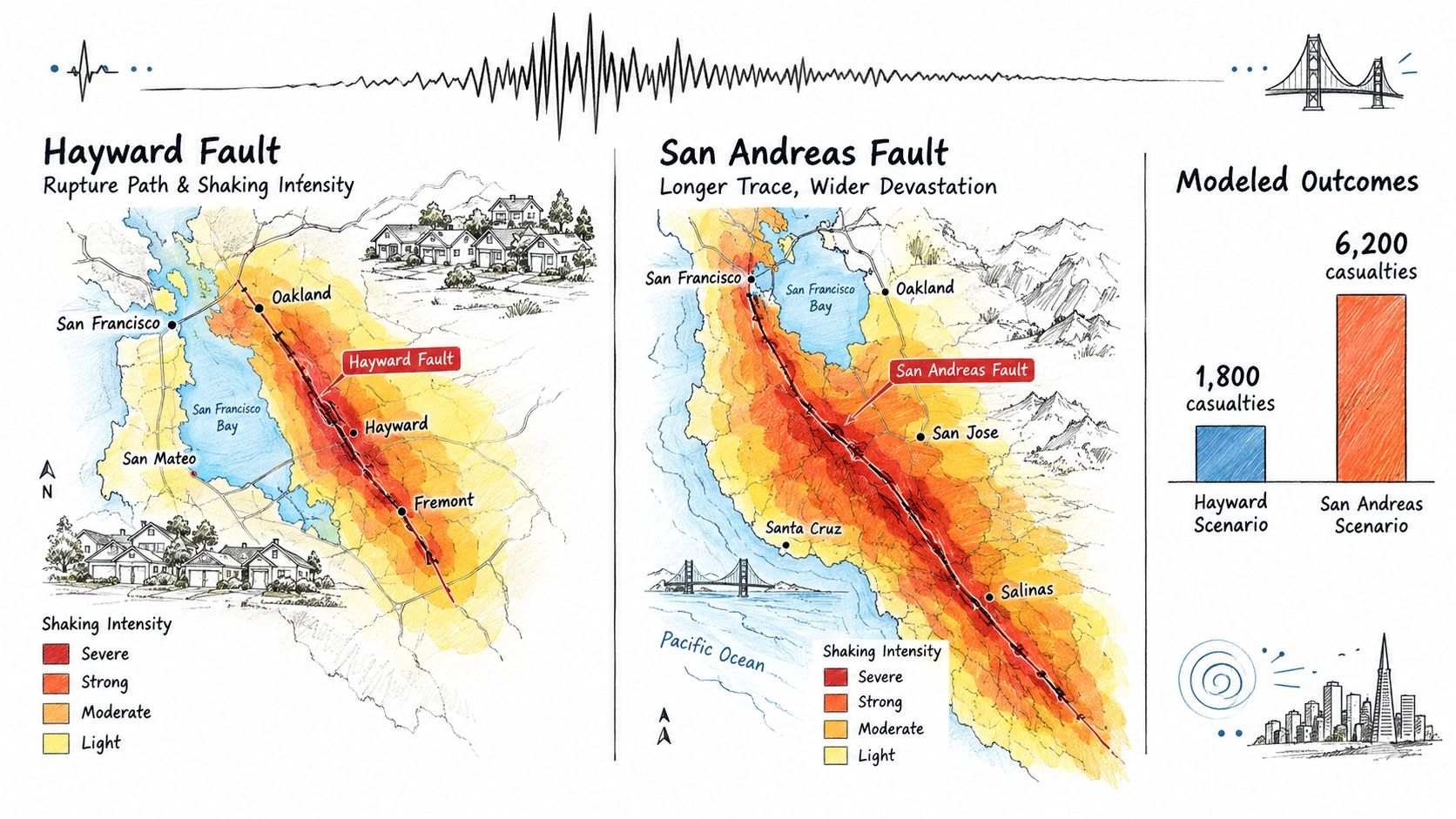 A comparative map infographic displaying seismic hazard zones and casualty projections for <a href=