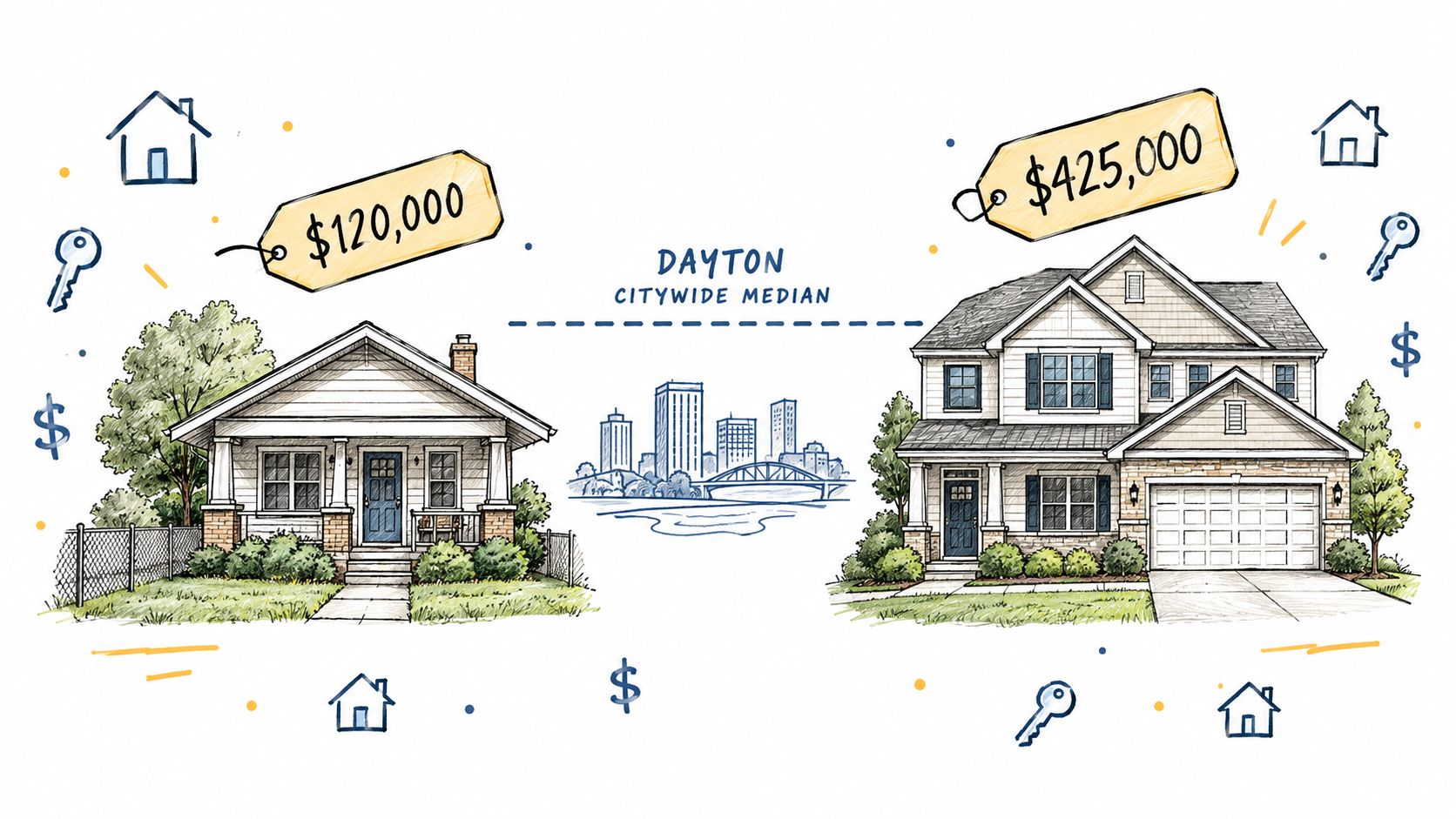 A conceptual illustration comparing two different residential home prices in Dayton with a city skyline backdrop.