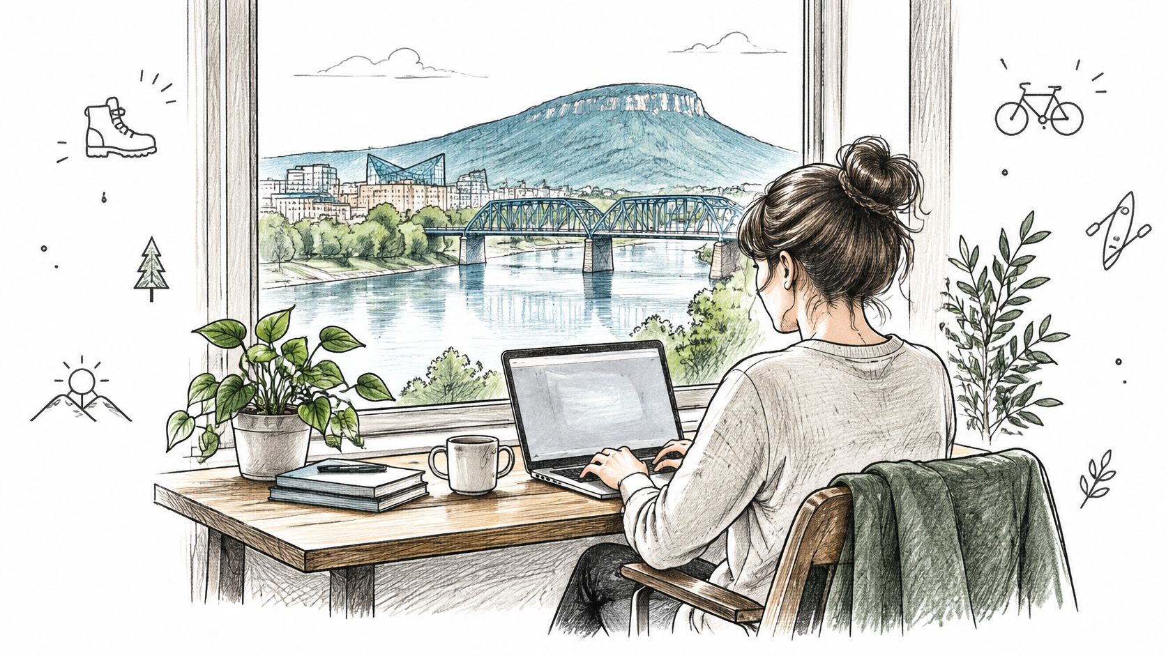 A woman working on a laptop at a desk with a scenic mountain and bridge view.