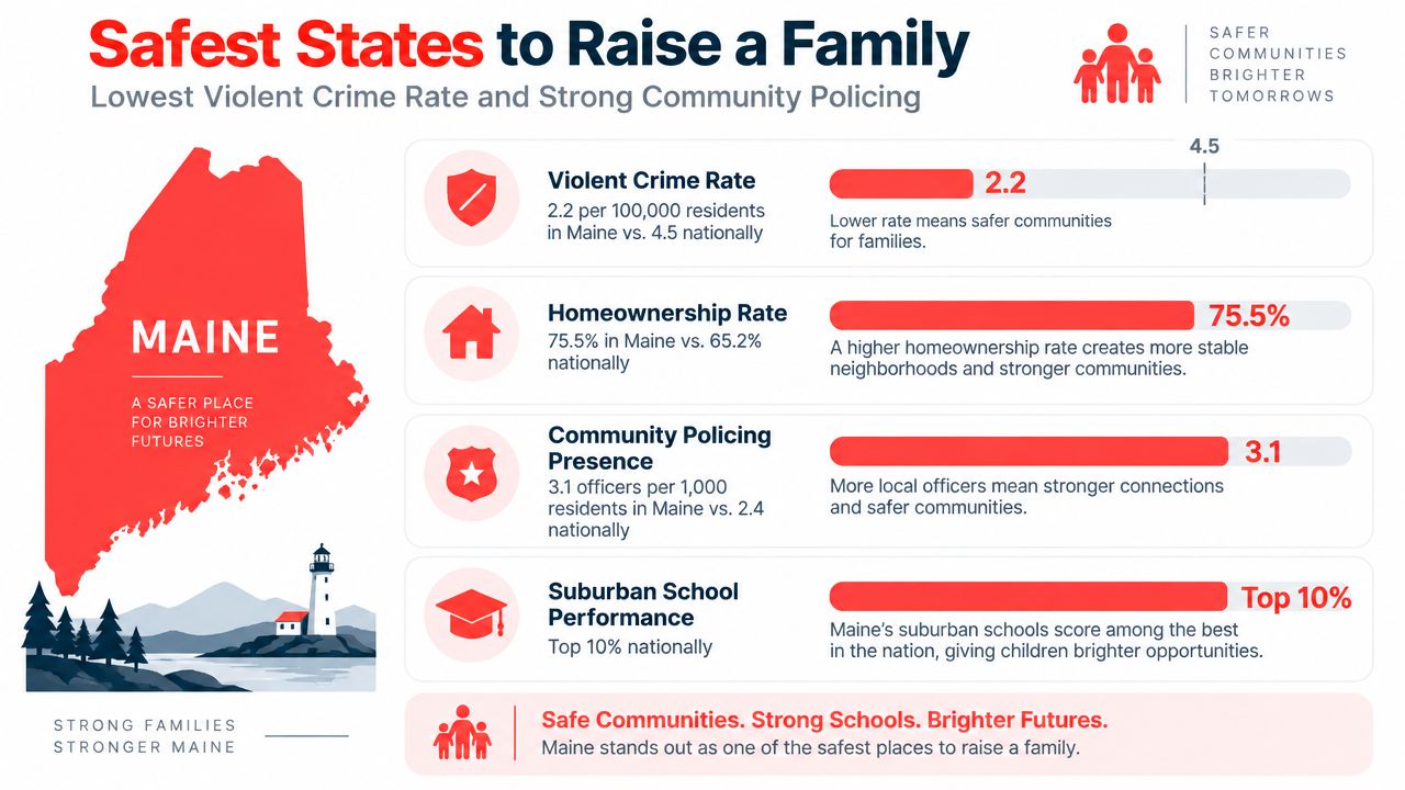 An infographic highlighting Maine as a safe state for families, showing crime rates, homeownership, and schools.