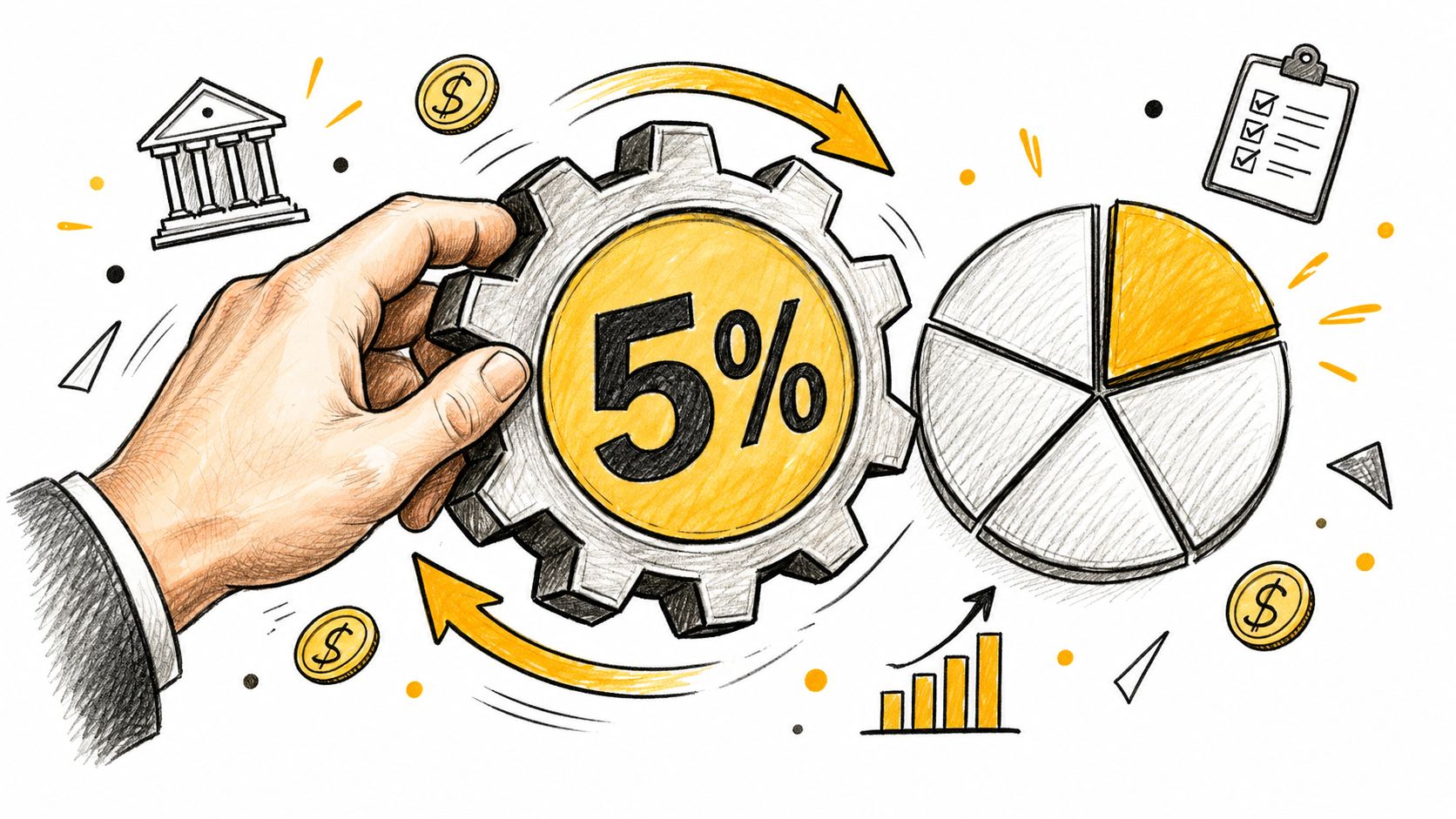 A conceptual illustration of a hand holding a gear with a 5 percent sign next to a pie chart.