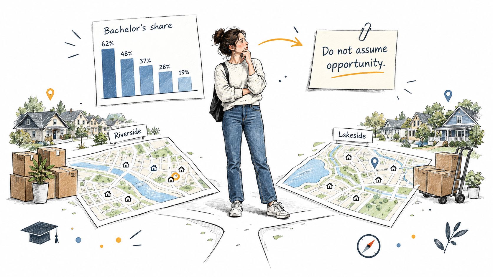 A woman stands between two maps of Riverside and Lakeside neighborhoods, pondering educational demographics and relocation.