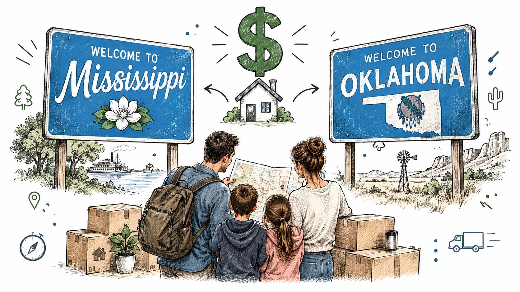 A family of four looking at a map, choosing between moving to Mississippi or Oklahoma for housing.