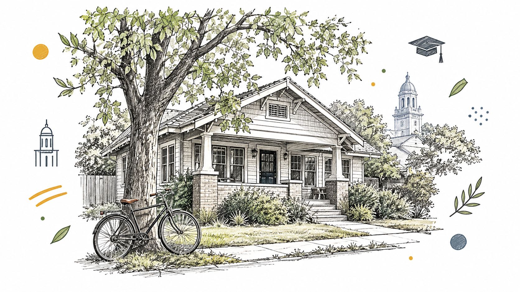 A detailed architectural pencil sketch of a cozy craftsman-style bungalow house with a bicycle parked outside.