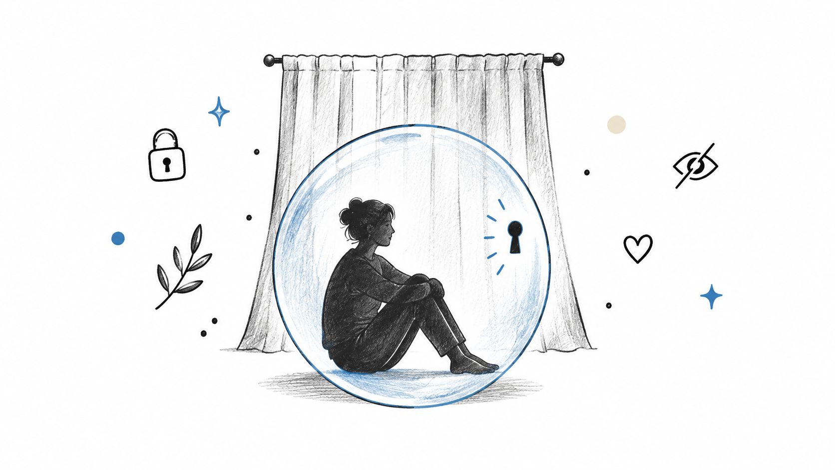 A pencil sketch of a woman sitting alone inside a transparent bubble, representing personal boundaries and sovereignty.