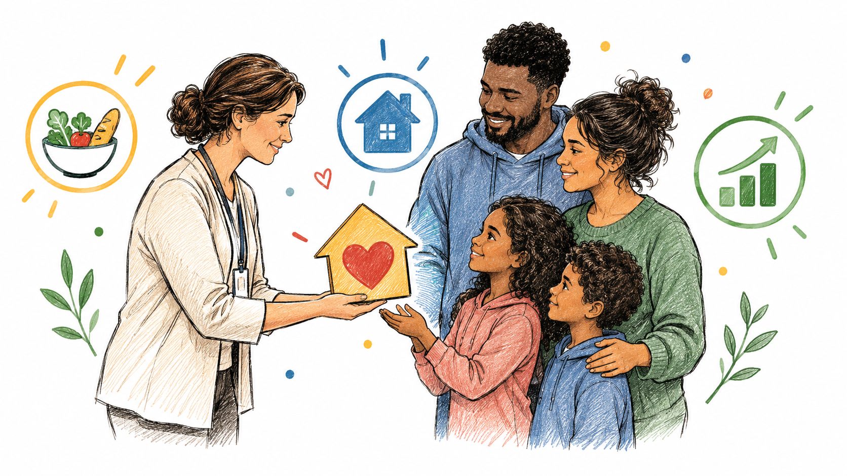 A social worker presenting a house icon with a heart to a young family of four.