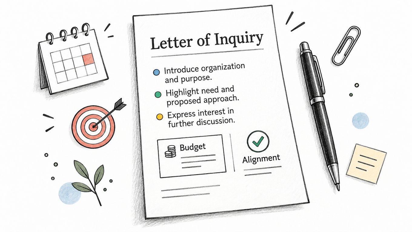 A hand-drawn illustration showing a Letter of Inquiry document with bullet points, a calendar, and a pen.