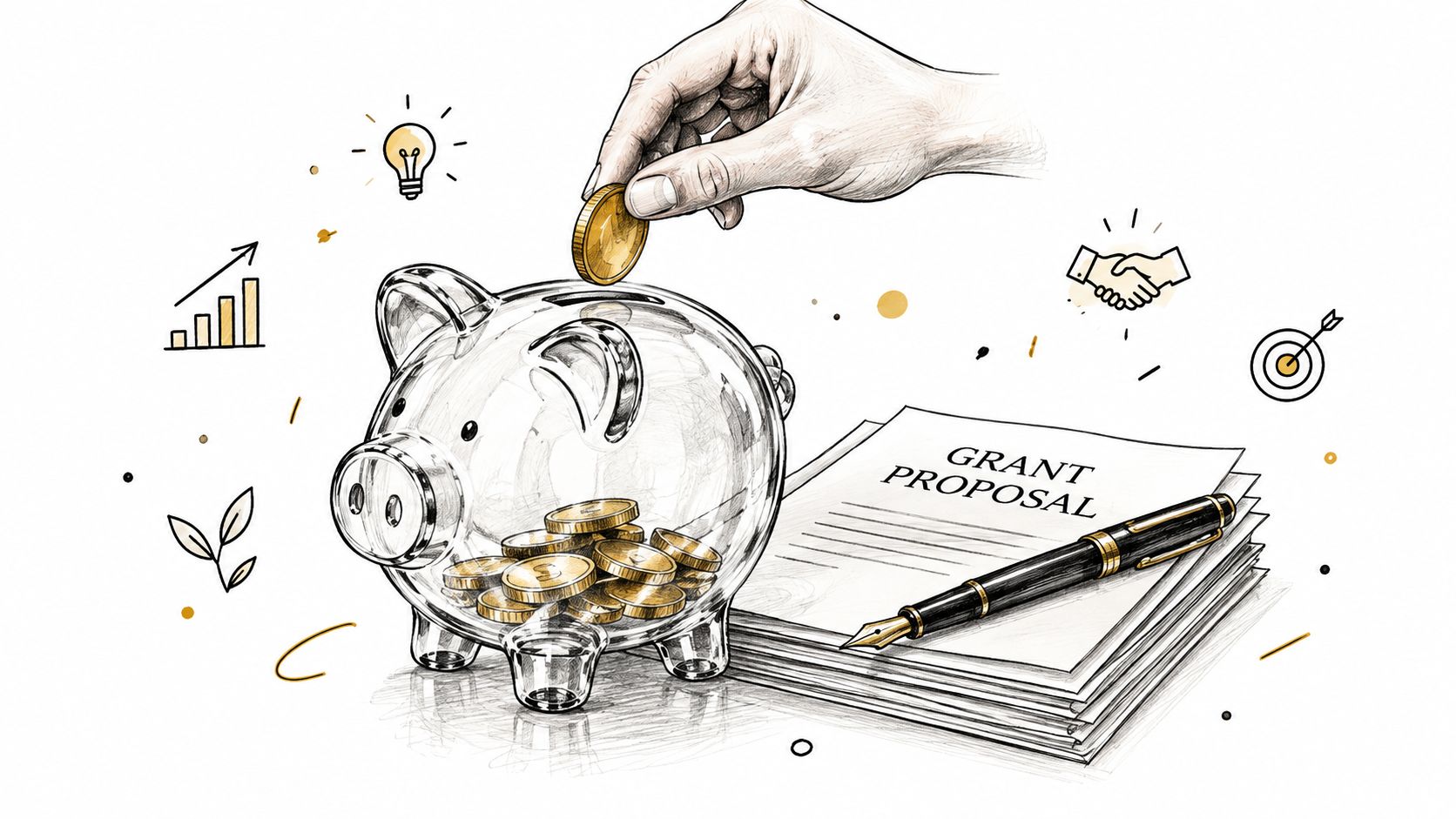 A hand puts a gold coin into a glass piggy bank next to a grant proposal document.