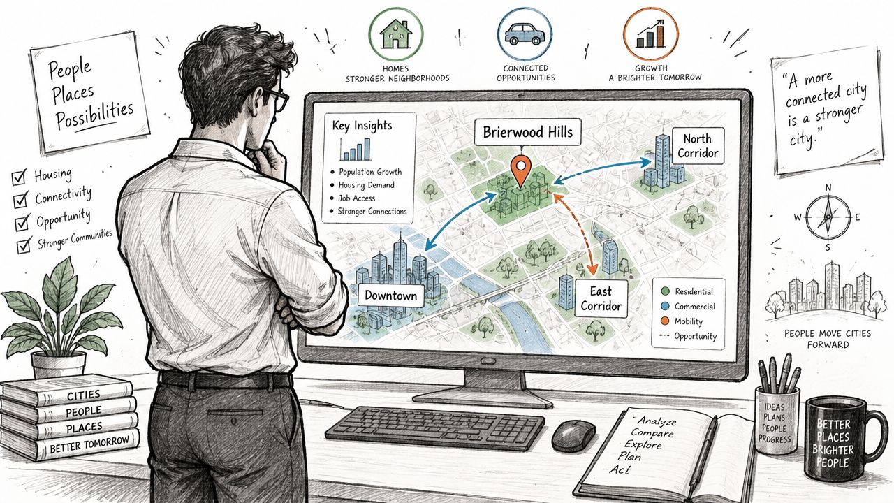 A professional analyzing an urban development map titled Brierwood Hills on a large computer screen in an office.