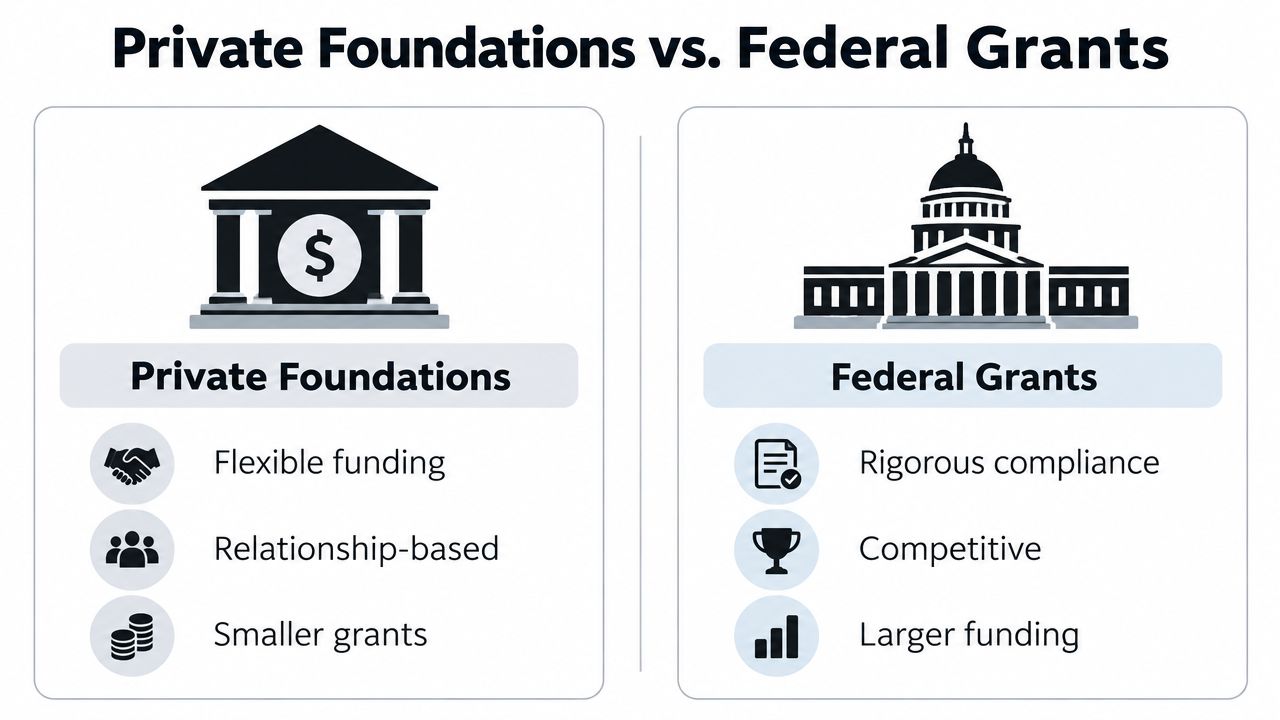 A comparison infographic showing the key differences between private foundations and federal grants for organizations.