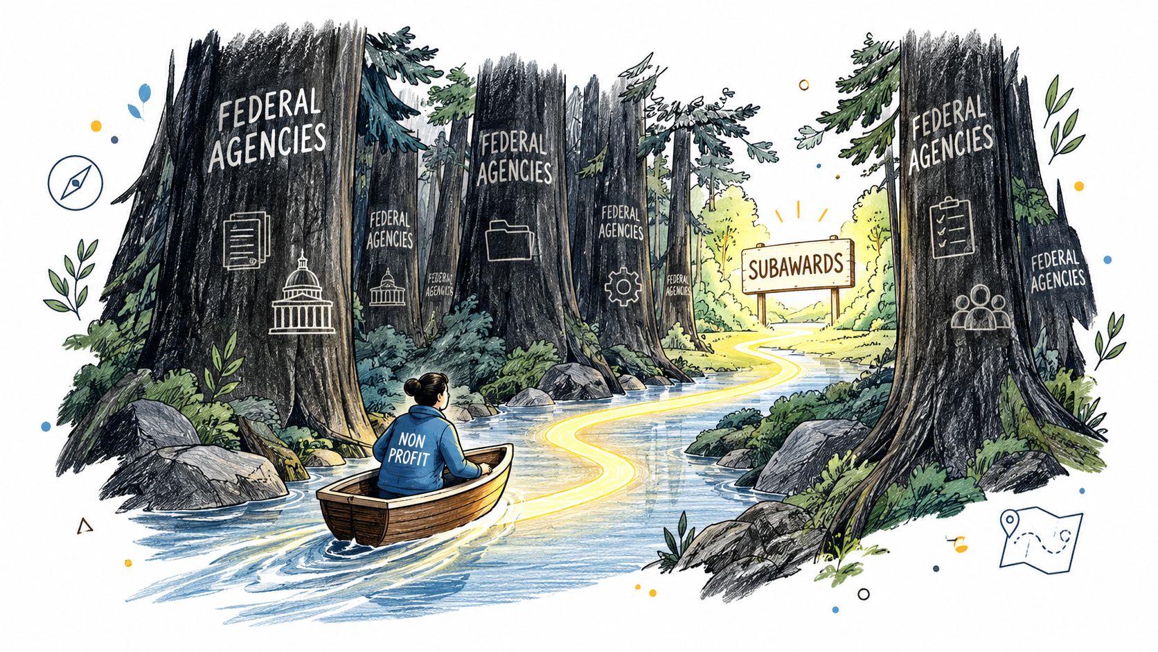 A person in a boat labeled non-profit navigating a river through a forest of federal agency trees.