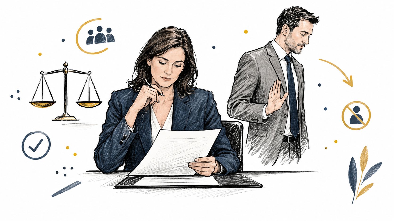 A professional woman reviewing legal documents at a desk while a man gestures to stop nearby.