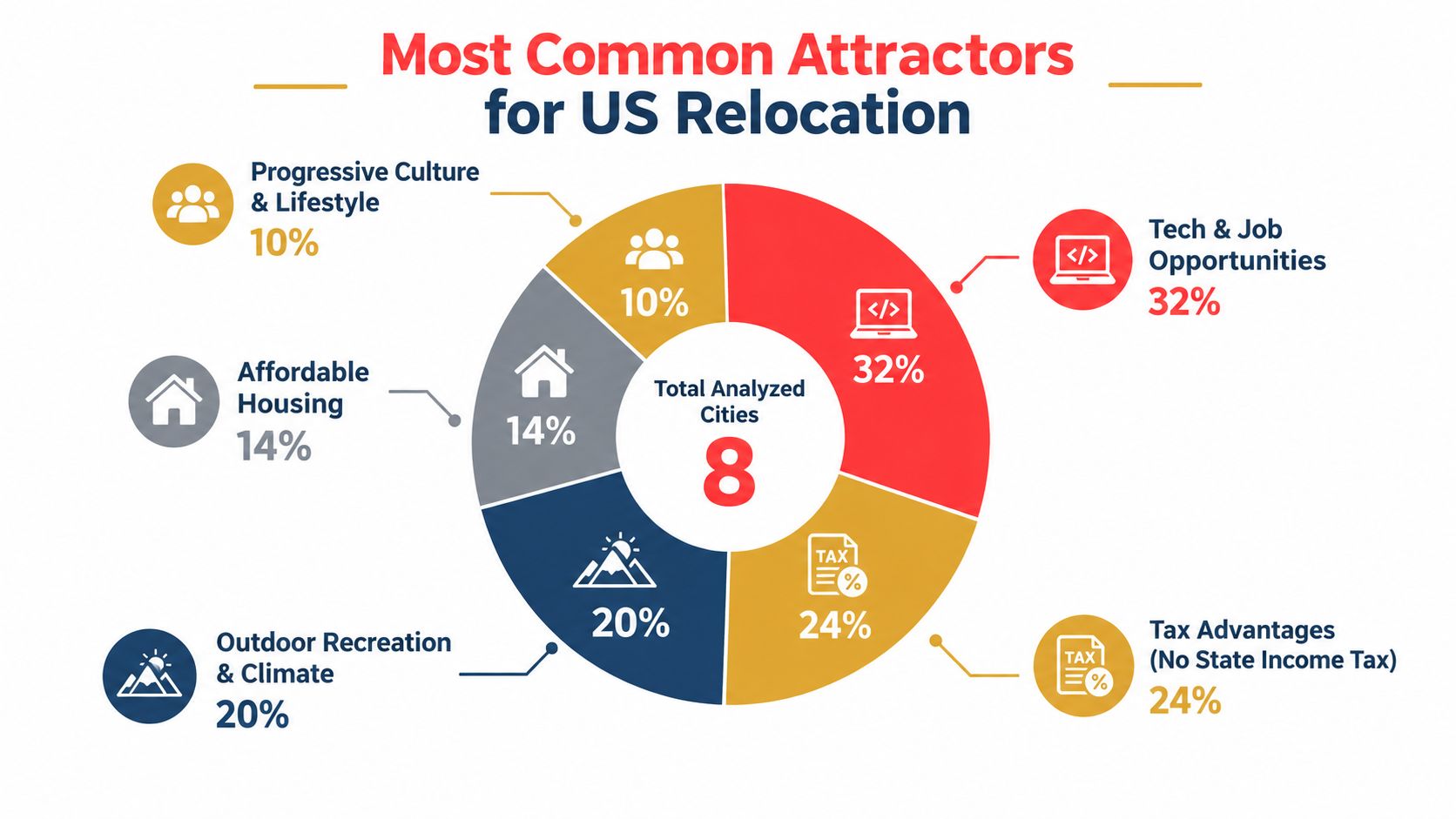 A pie chart displaying the most common reasons for US relocation based on eight analyzed cities.