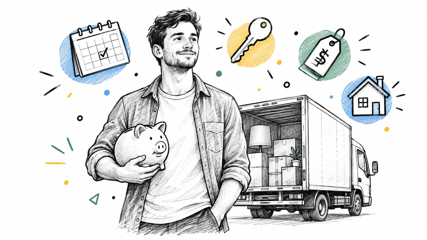A young man holding a piggy bank near a moving truck with icons representing moving, planning, and expenses.