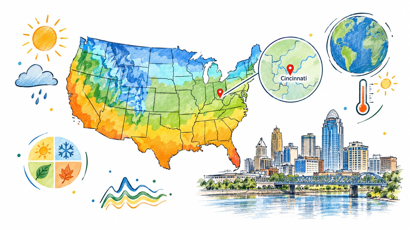 A hand-drawn map of the United States with Cincinnati highlighted and weather-themed icons surrounding it.