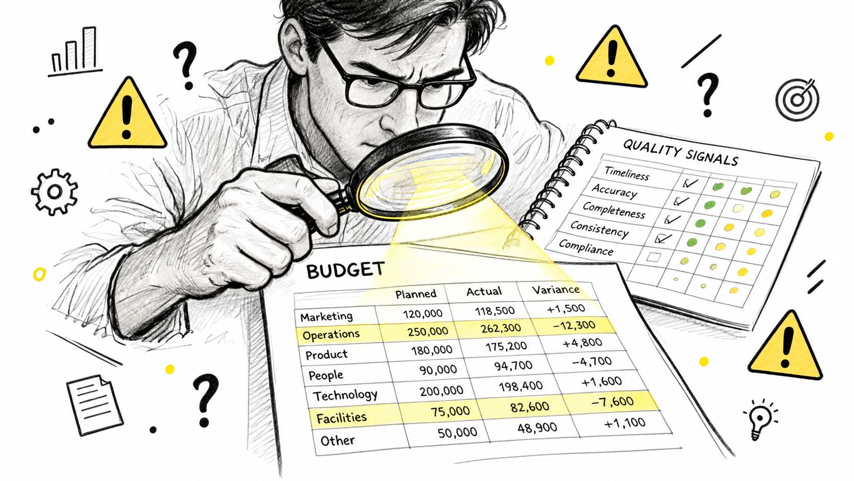A man uses a magnifying glass to carefully analyze a budget spreadsheet and quality signals checklist.