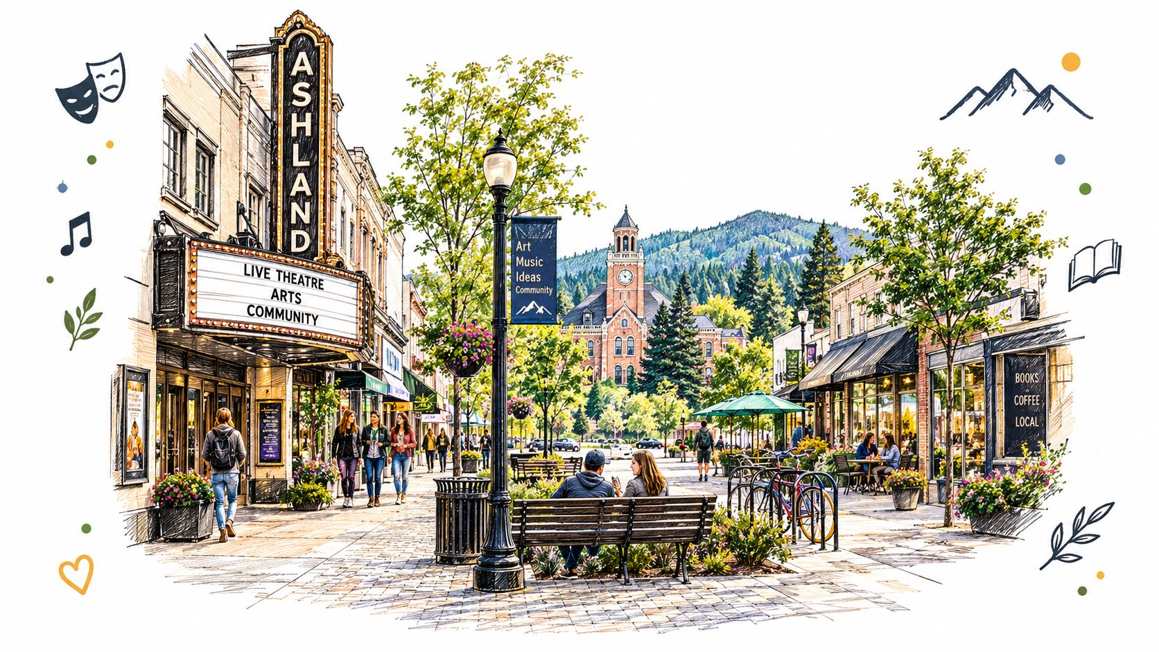 A scenic illustration of a vibrant Ashland, Oregon town square featuring a historic theater, mountains, and pedestrians.