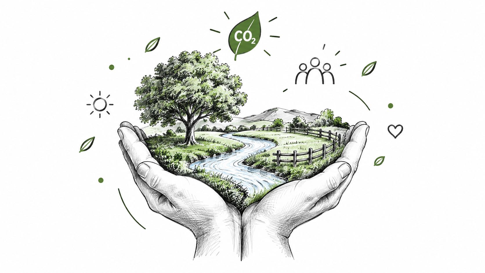 A hand-drawn illustration showing a pair of hands holding a lush green landscape with trees and water.