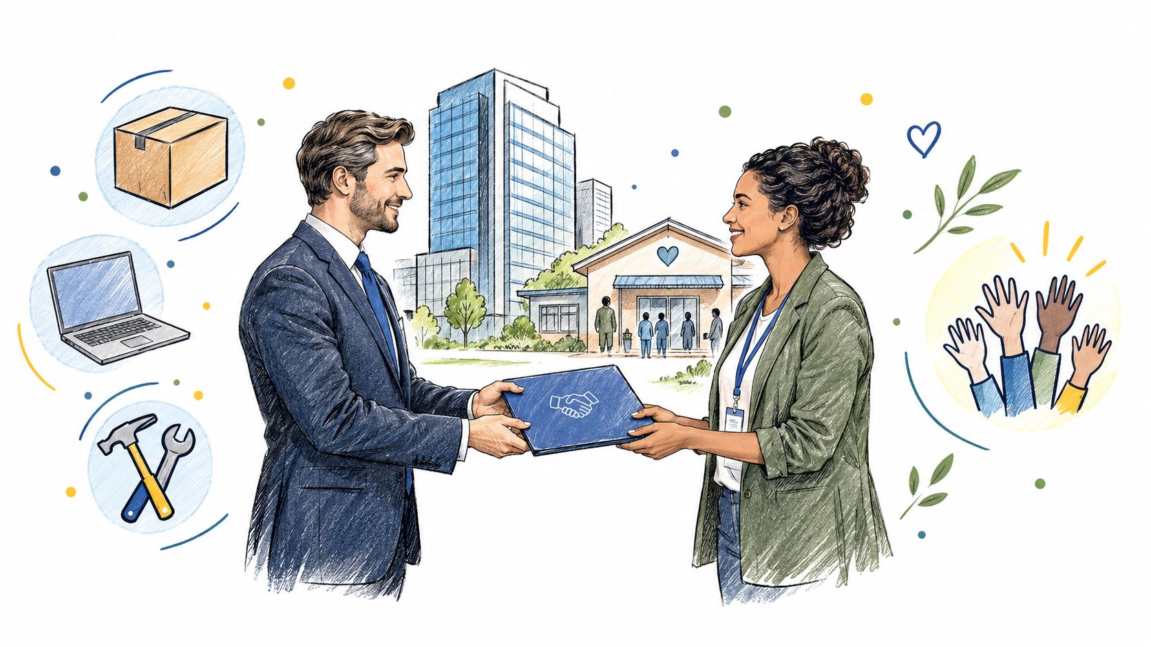 A professional man and woman exchanging a document folder in front of a community building illustration.