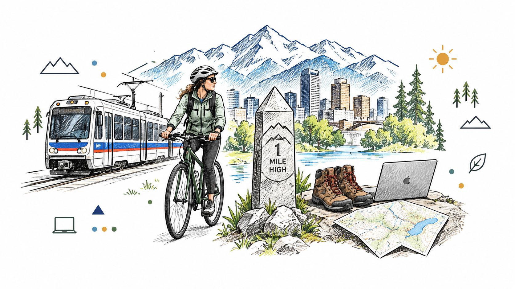 A scenic illustration of a city landscape with mountains, a bicycle, a light rail train, and hiking gear.