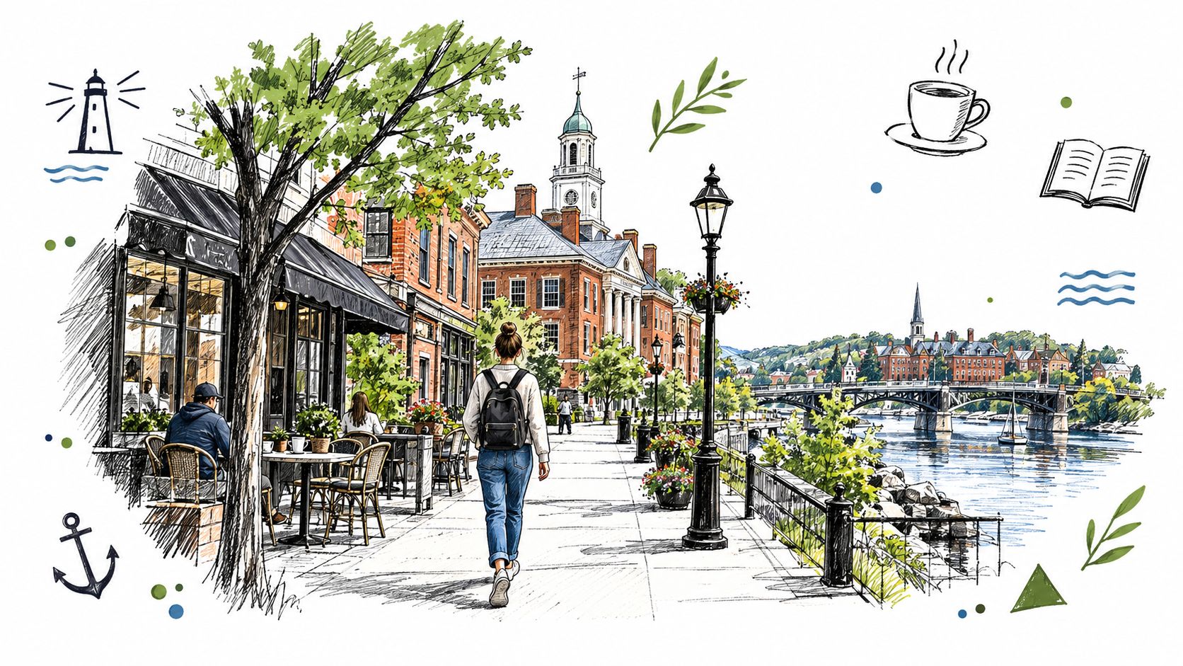A scenic watercolor style illustration of a charming coastal town street with people, buildings, and a bridge.