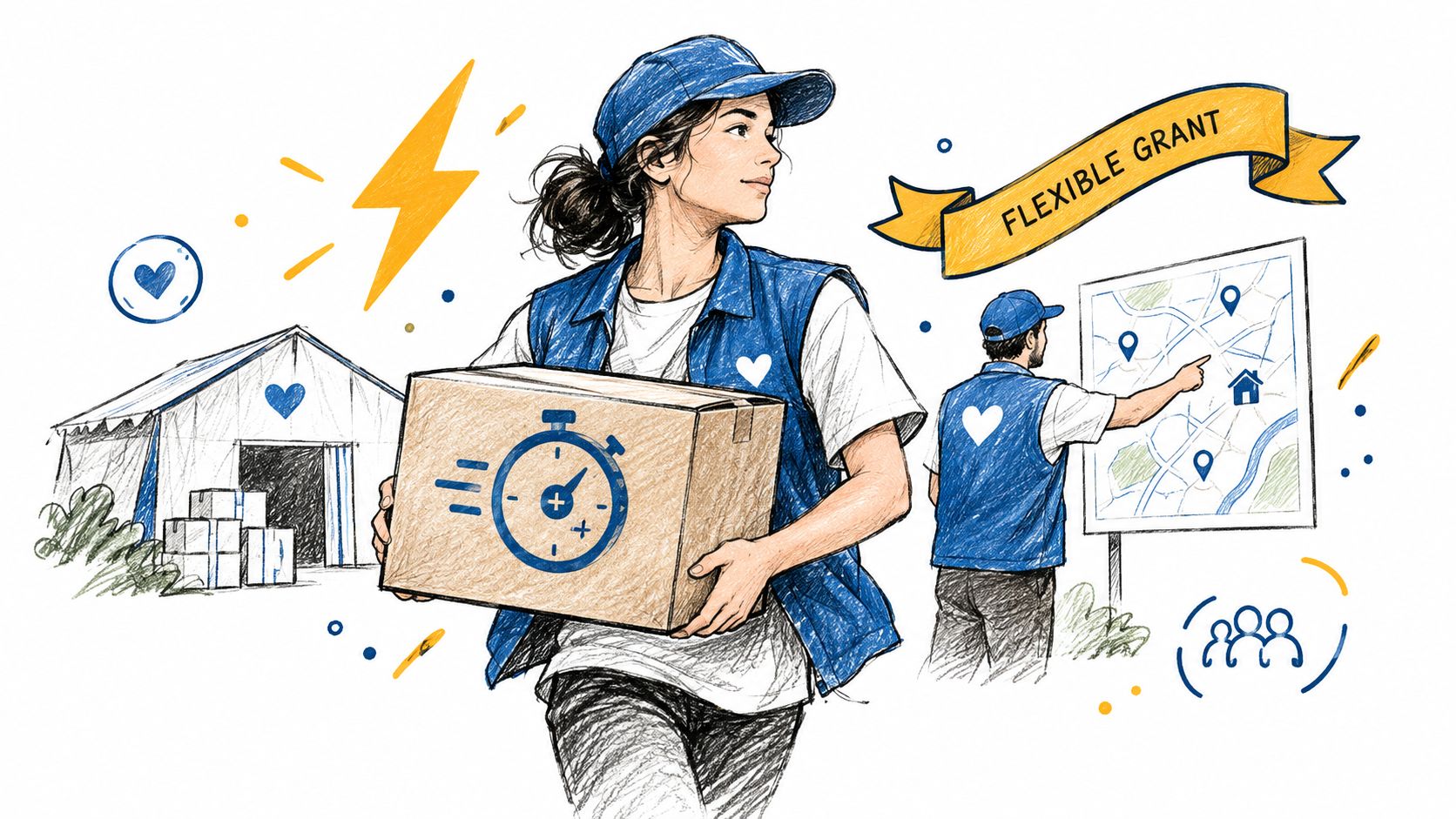 A female logistics worker carries a package while a man reviews a map for a flexible grant.