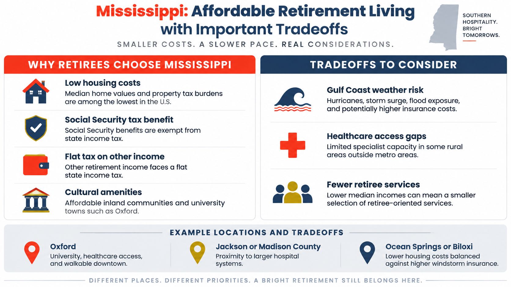An infographic detailing the pros and cons of retiring in Mississippi, including tax benefits and lifestyle considerations.