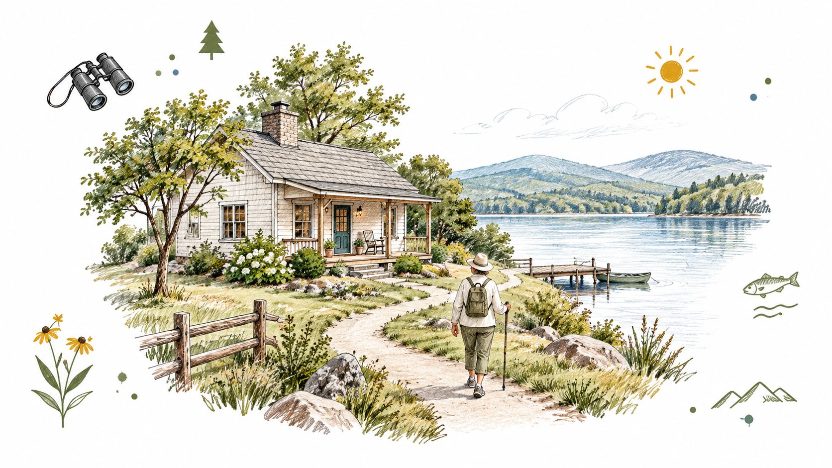 A person hiking on a scenic path near a lake house during a peaceful summer day.