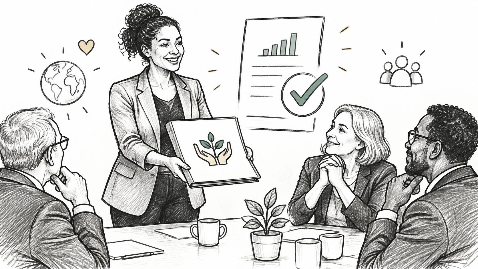 A professional woman presenting a sustainability project proposal to colleagues in a business meeting setting.
