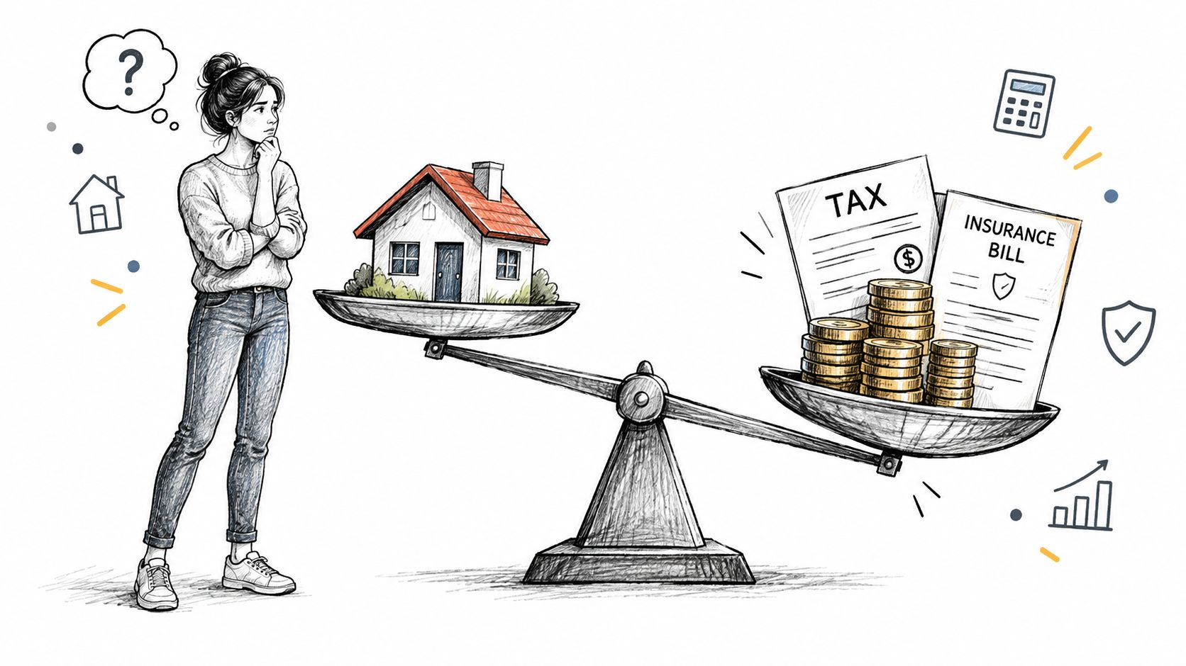 A woman contemplating a scale balancing a house on one side and taxes and insurance bills on the other.