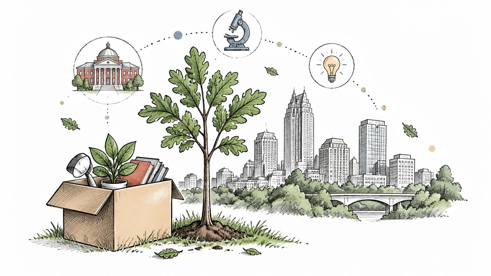 An illustration showing a moving box with books and plants, a sapling, and a modern city skyline.