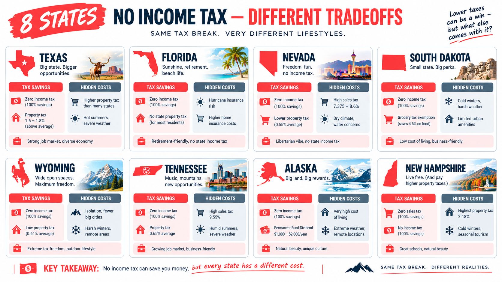 An infographic comparing the tax savings and hidden living costs of eight US states with no income tax.