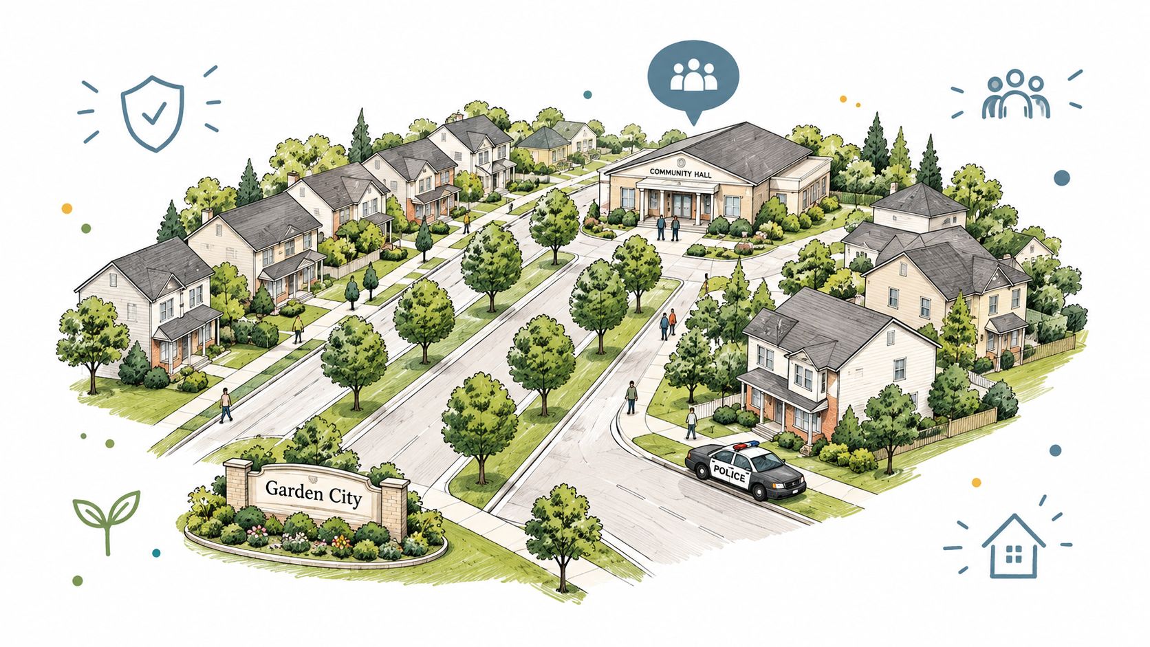 An illustrated view of Garden City, featuring houses, a community hall, and a police car on streets.