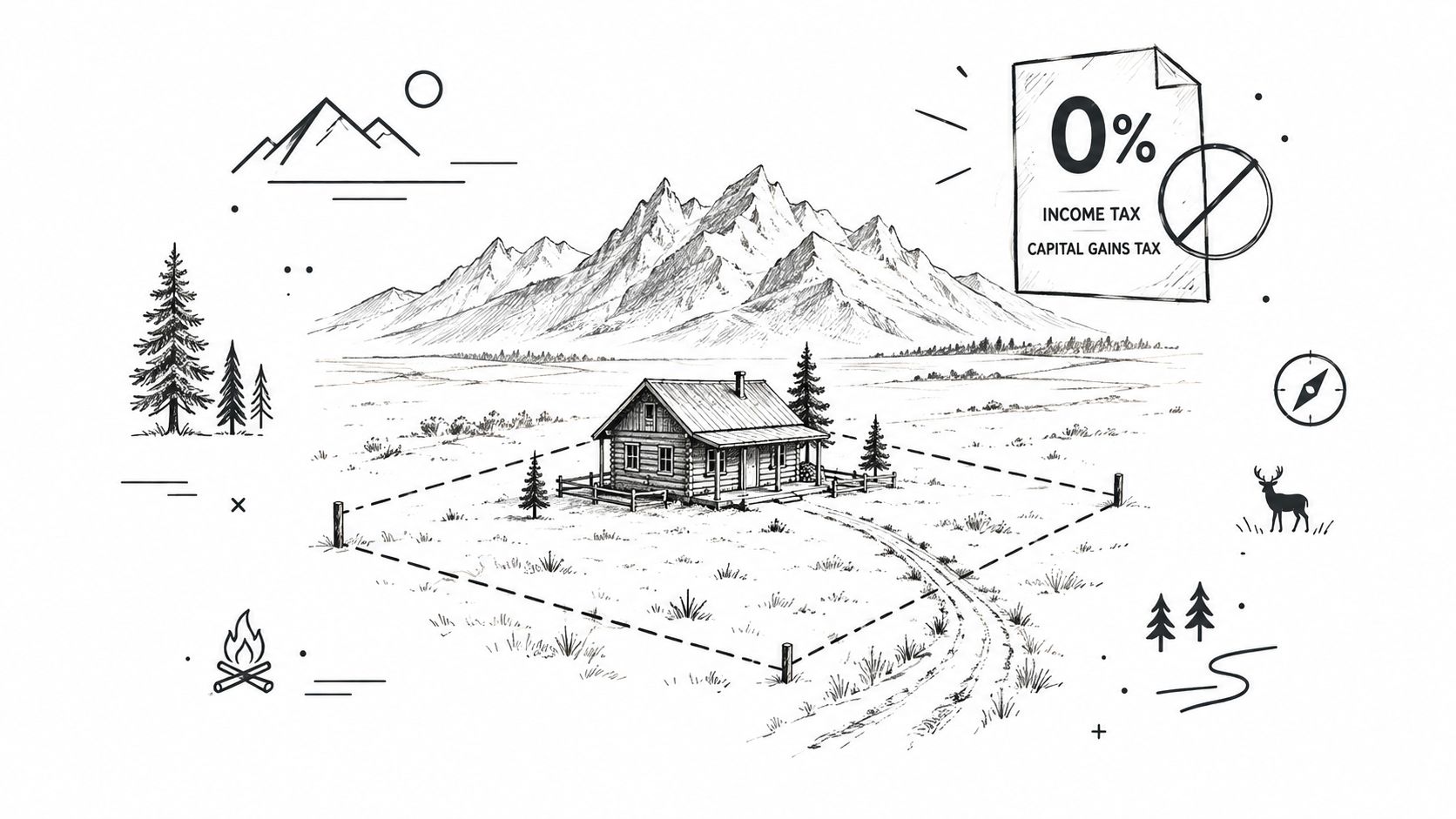 A black and white line drawing illustration of a cabin in the mountains representing tax-free living.