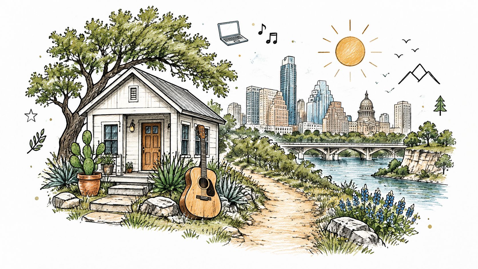A whimsical sketch of a cozy cabin home with a guitar near an Austin, Texas cityscape skyline.