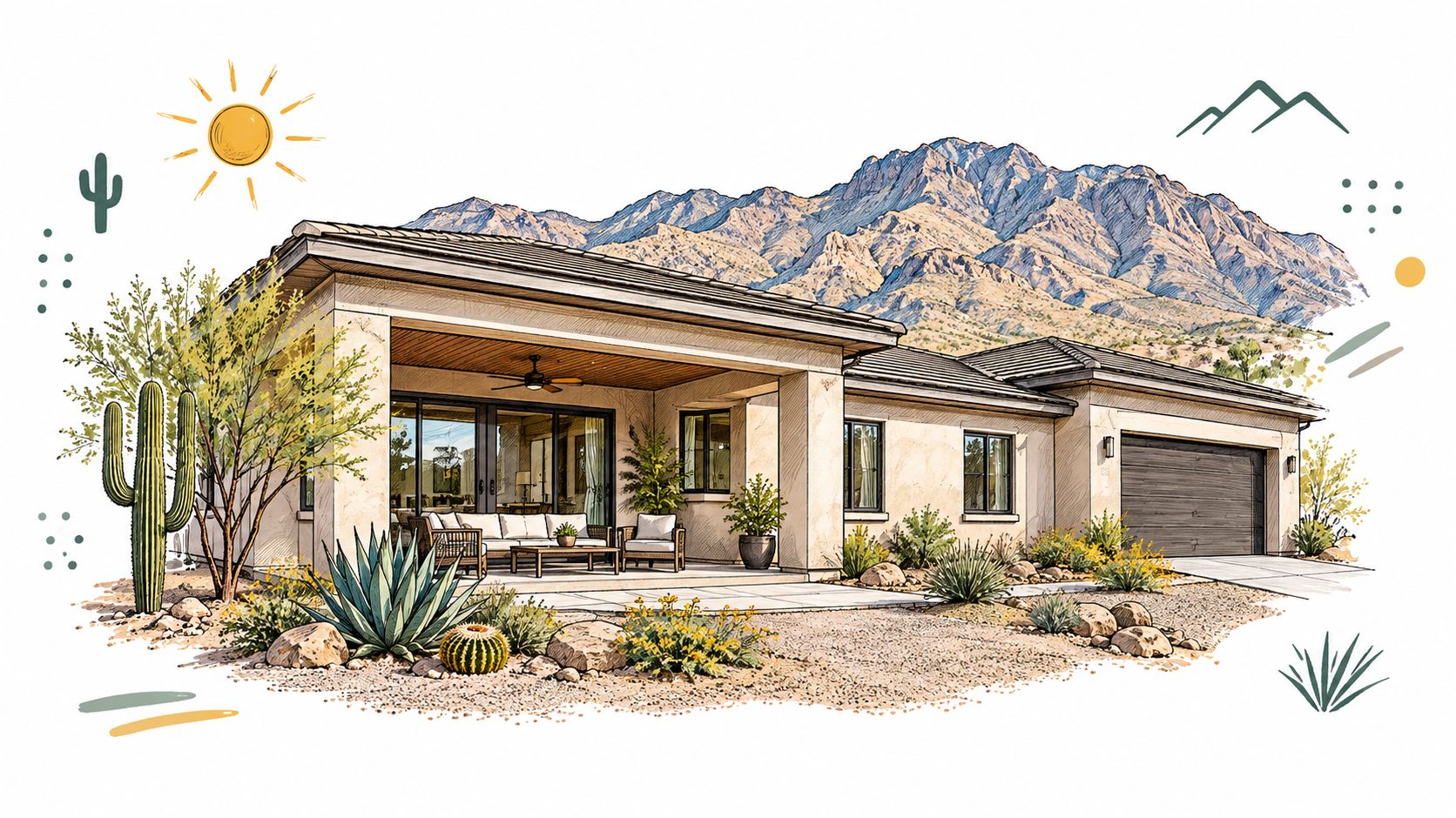 A modern desert home with a scenic mountain view and xeriscaped front yard in Tucson, Arizona.