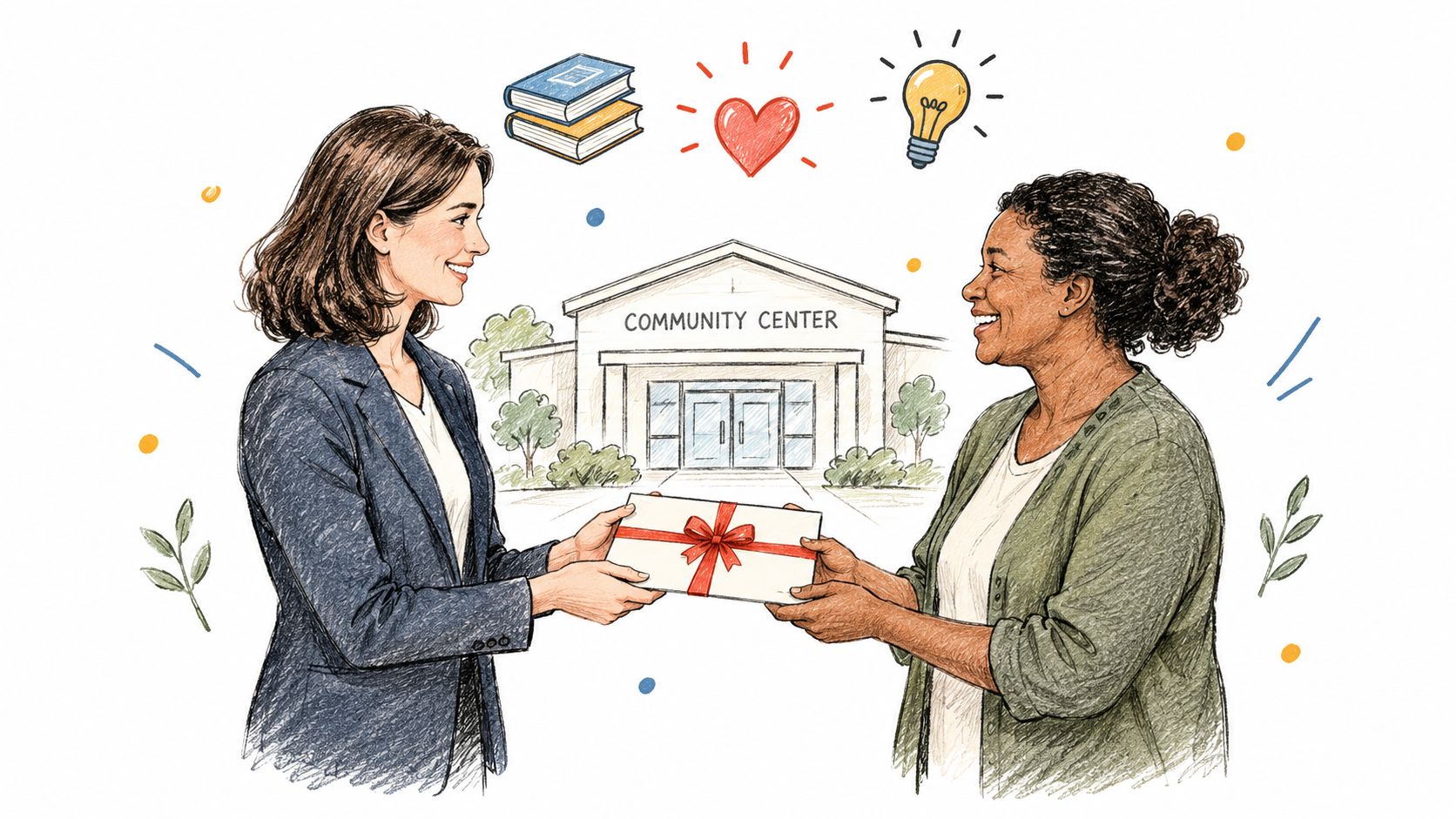 A woman handing a gift to another woman in front of a community center building illustration.