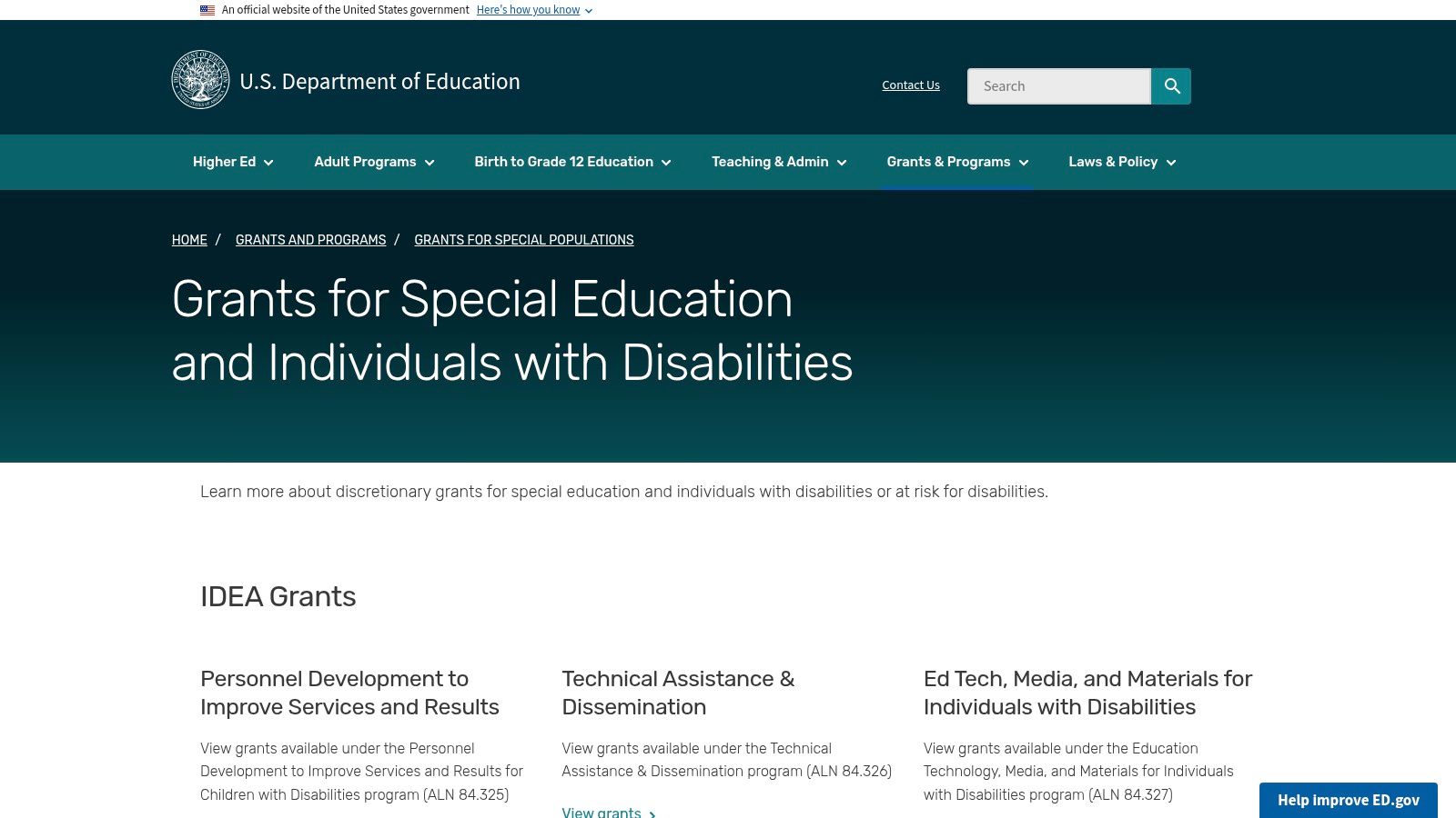 U.S. Department of Education: Special Education and Disabilities Grant Programs
