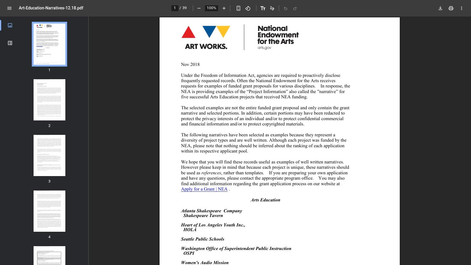 NEA, Sample Arts Education Narratives (plus program guidance)