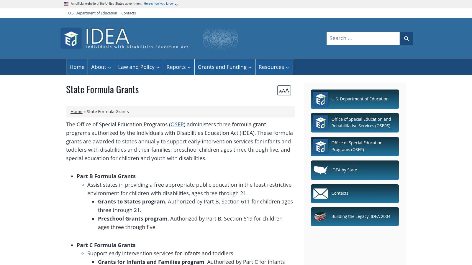 IDEA Part B and Part C State Formula Grants
