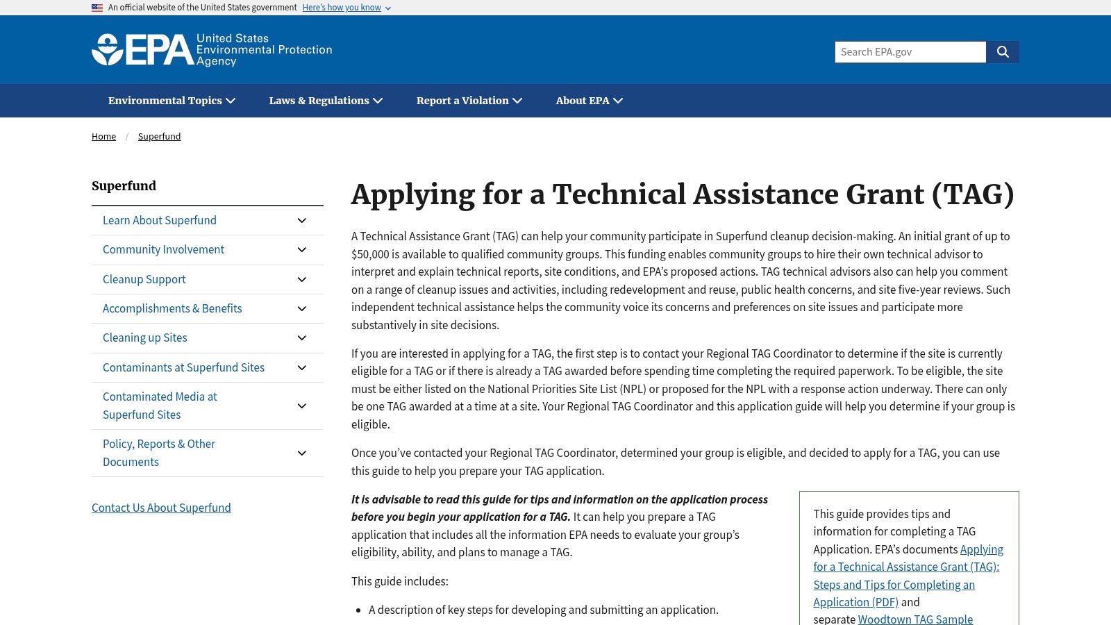 U.S. EPA, Superfund TAG Sample Application Package