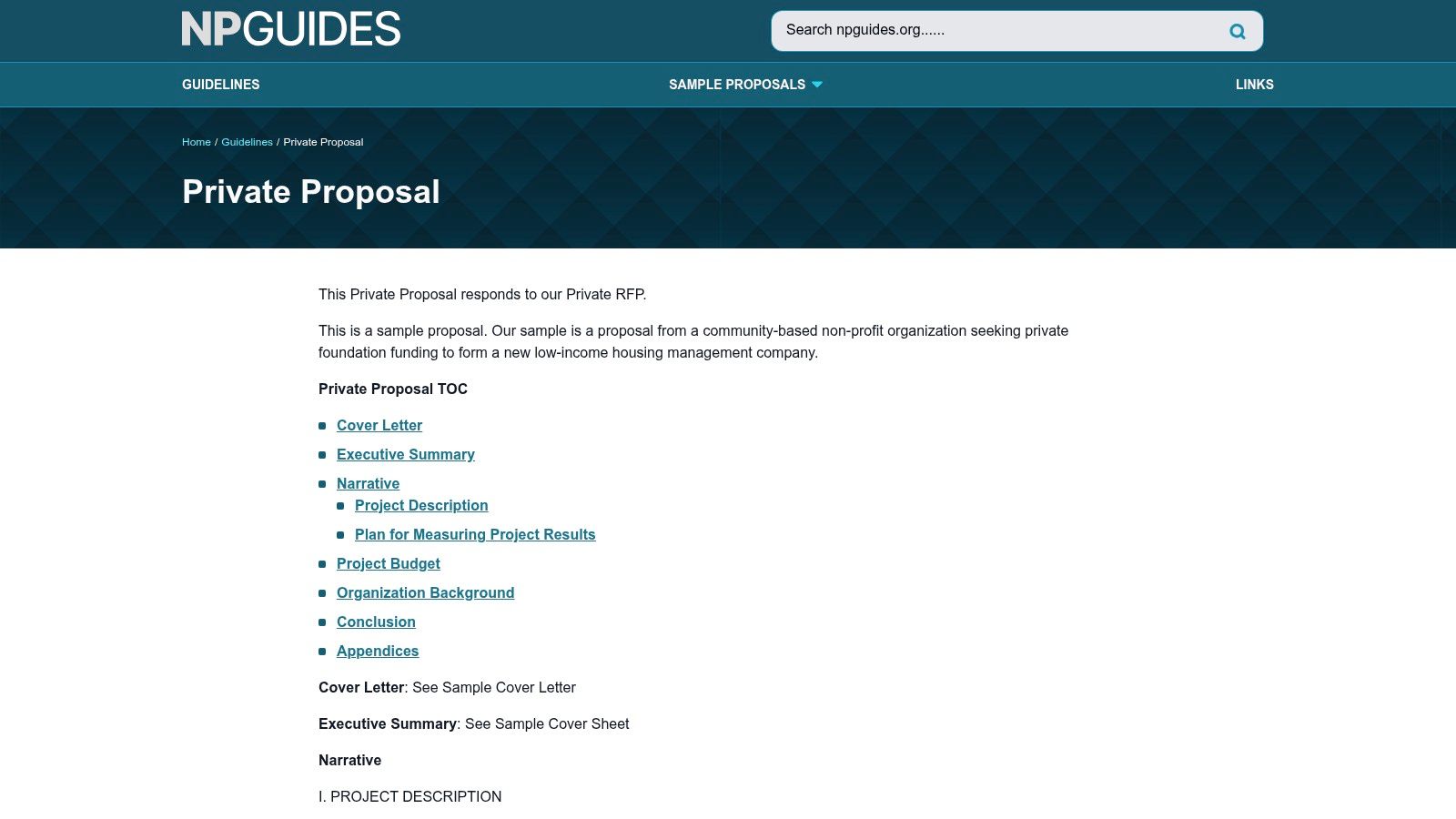 NPGuides, full private and public proposal samples
