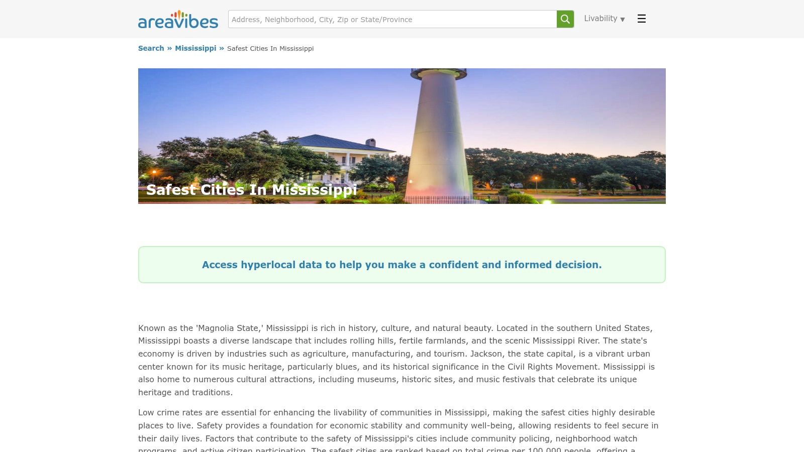 AreaVibes Mississippi safest cities