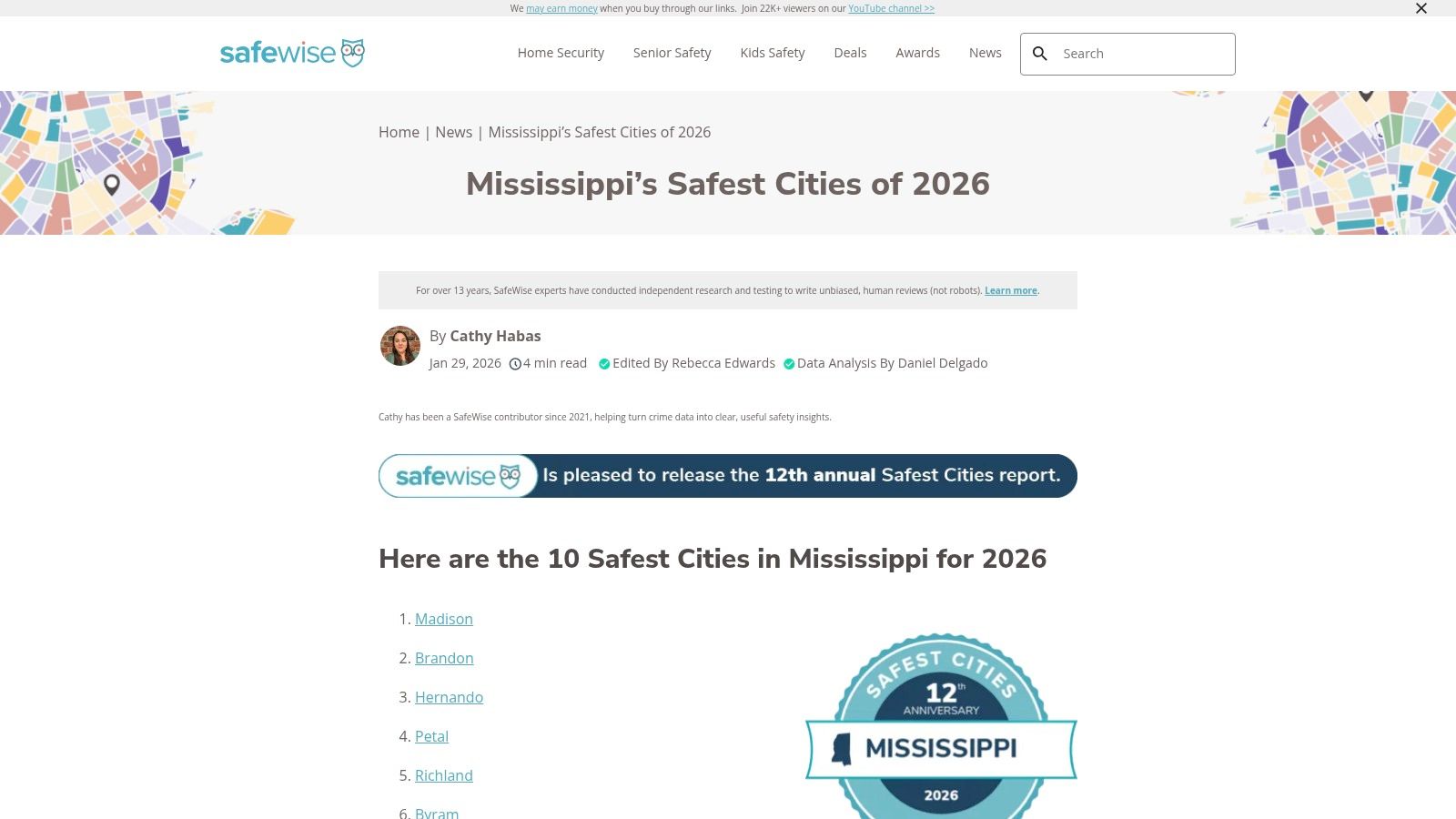 SafeWise Mississippi safest cities ranking