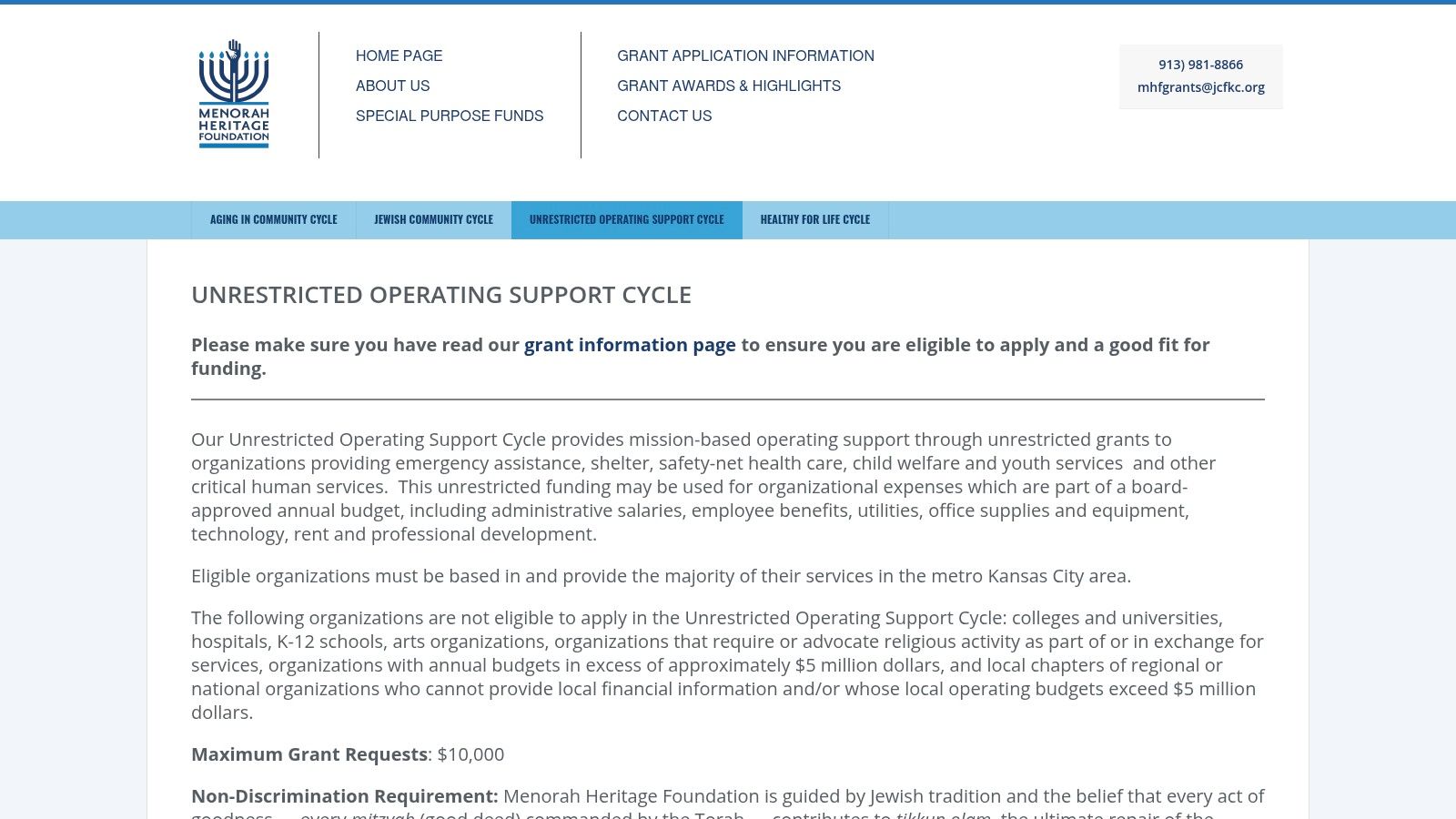Menorah Heritage Foundation, Unrestricted Operating Support Cycle