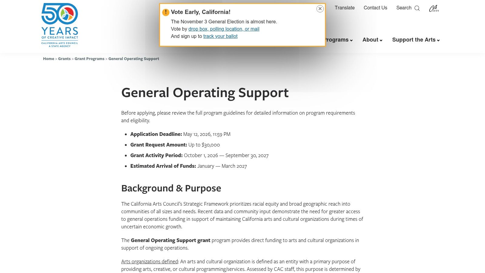 California Arts Council, General Operating Support