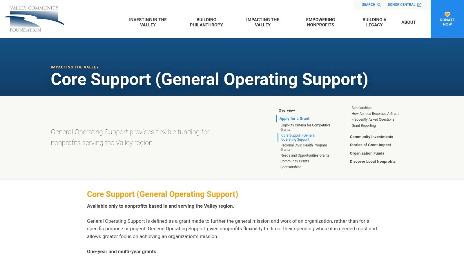 Valley Community Foundation, Core Support